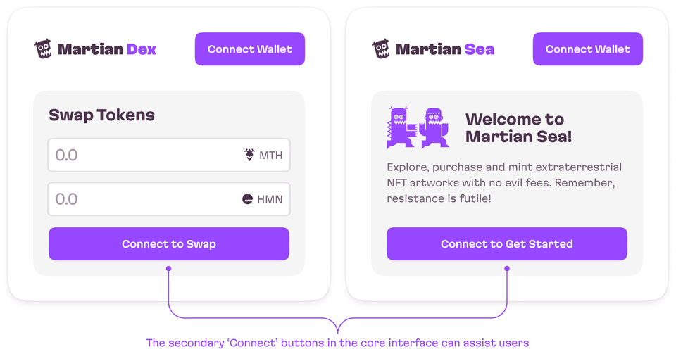 Two UIs, with a focus on the section below the nav bar. On the left, the Connect to Swap button is clearly highlighted, and on the right, the Connect to Get Started button.