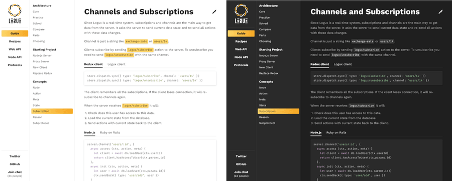 Light and dark themes of Logux website