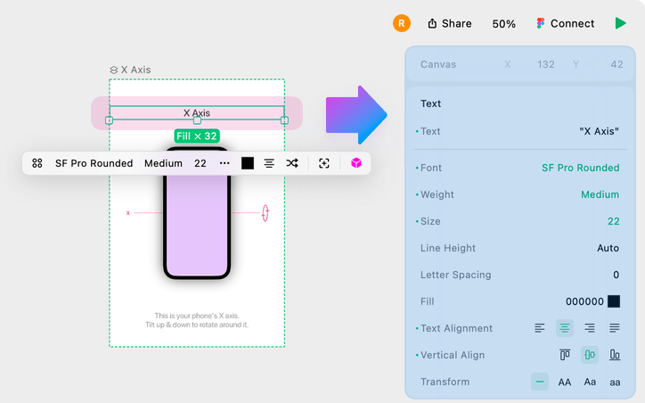Play displays properties of the selected element on its right