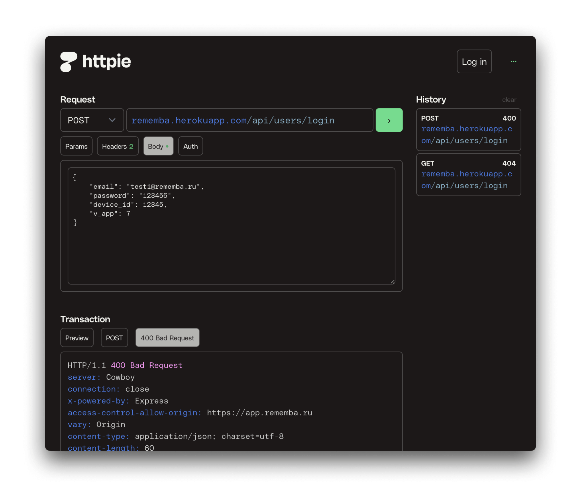 The HTTPie desktop client: request builder with method, URL, params, headers, body and auth tabs, request history on the right, and the response below