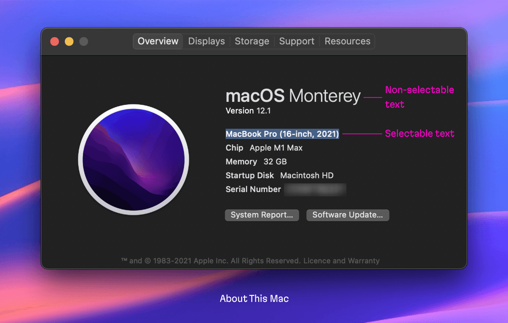 As we see on the About this Mac menu, the text of the main heading is not selectable, while the details are