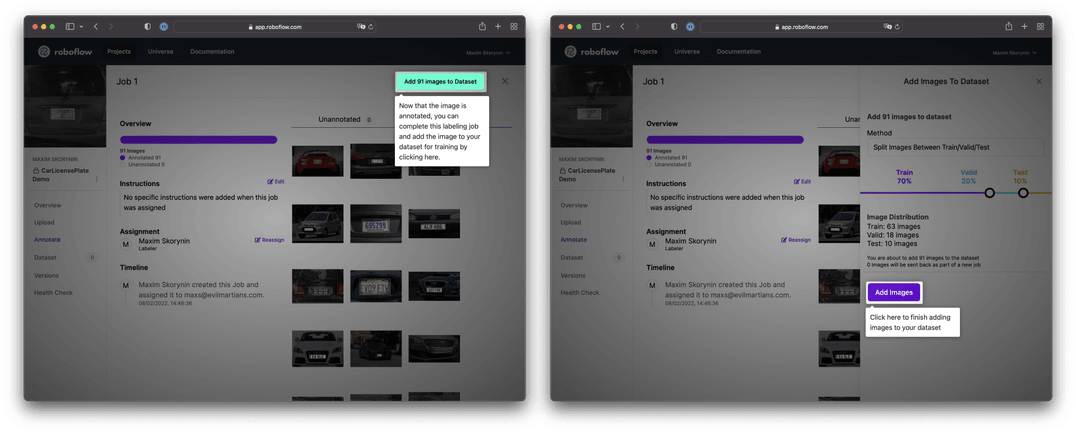 Two panels show the highlighted button to Add 91 images, and the slider to split them into Train Valid, and Test sets.