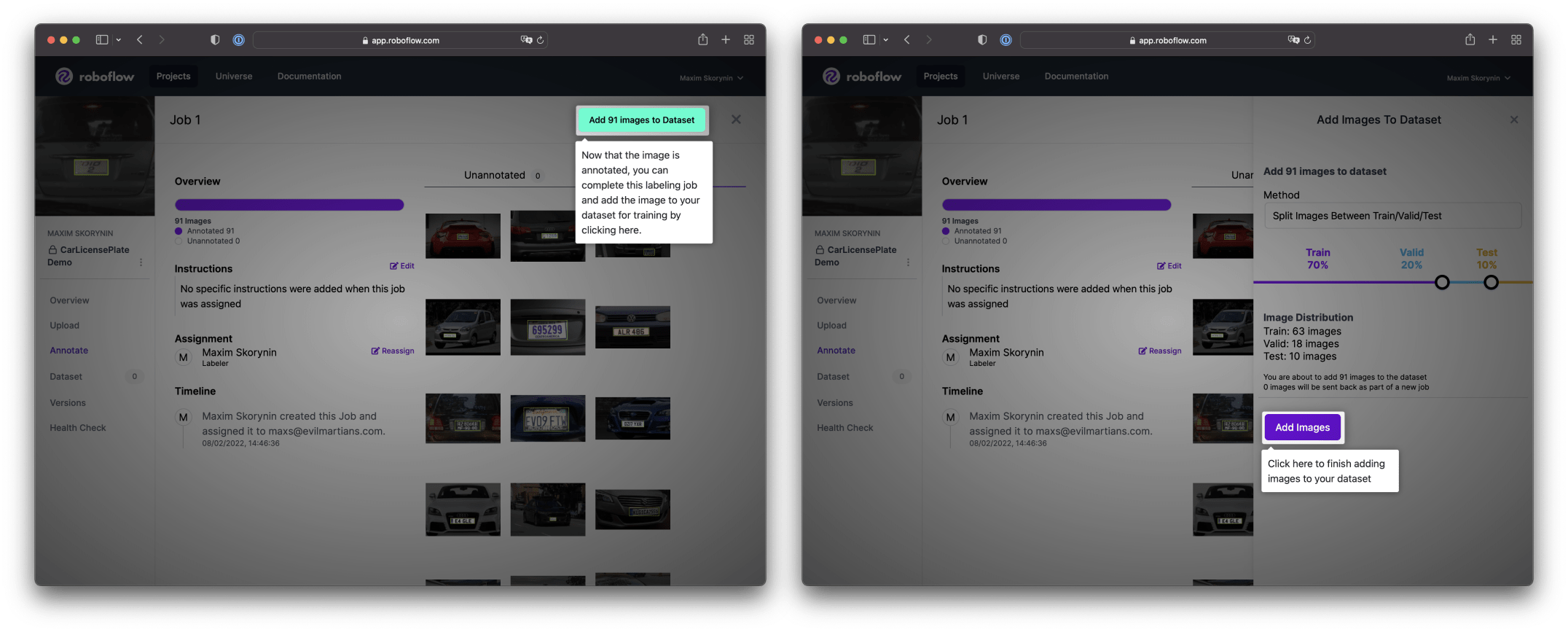 Two panels show the highlighted button to Add 91 images, and the slider to split them into Train Valid, and Test sets.