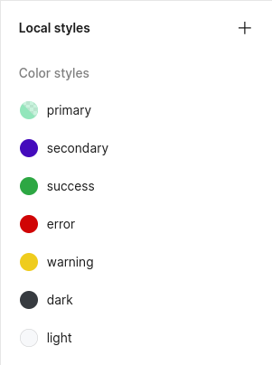 An example of a dictionary of design tokens for colors in Figma. Pay attention to the semantic naming scheme