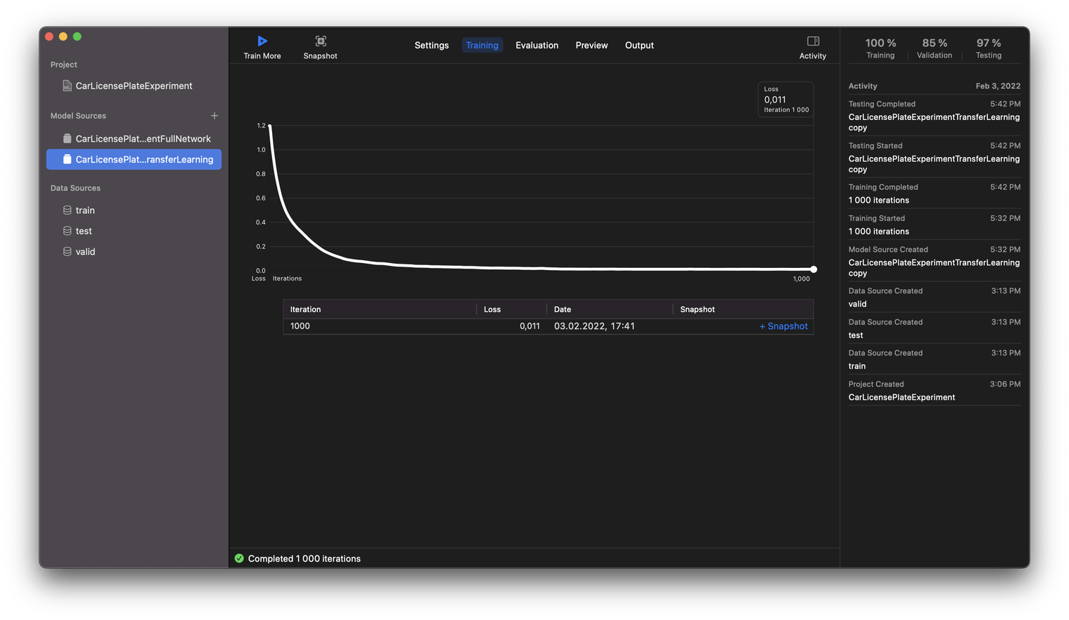 The graph showing the results of the Transfer Learning algorithm is smoother and it also suggests a faster speed and smaller model