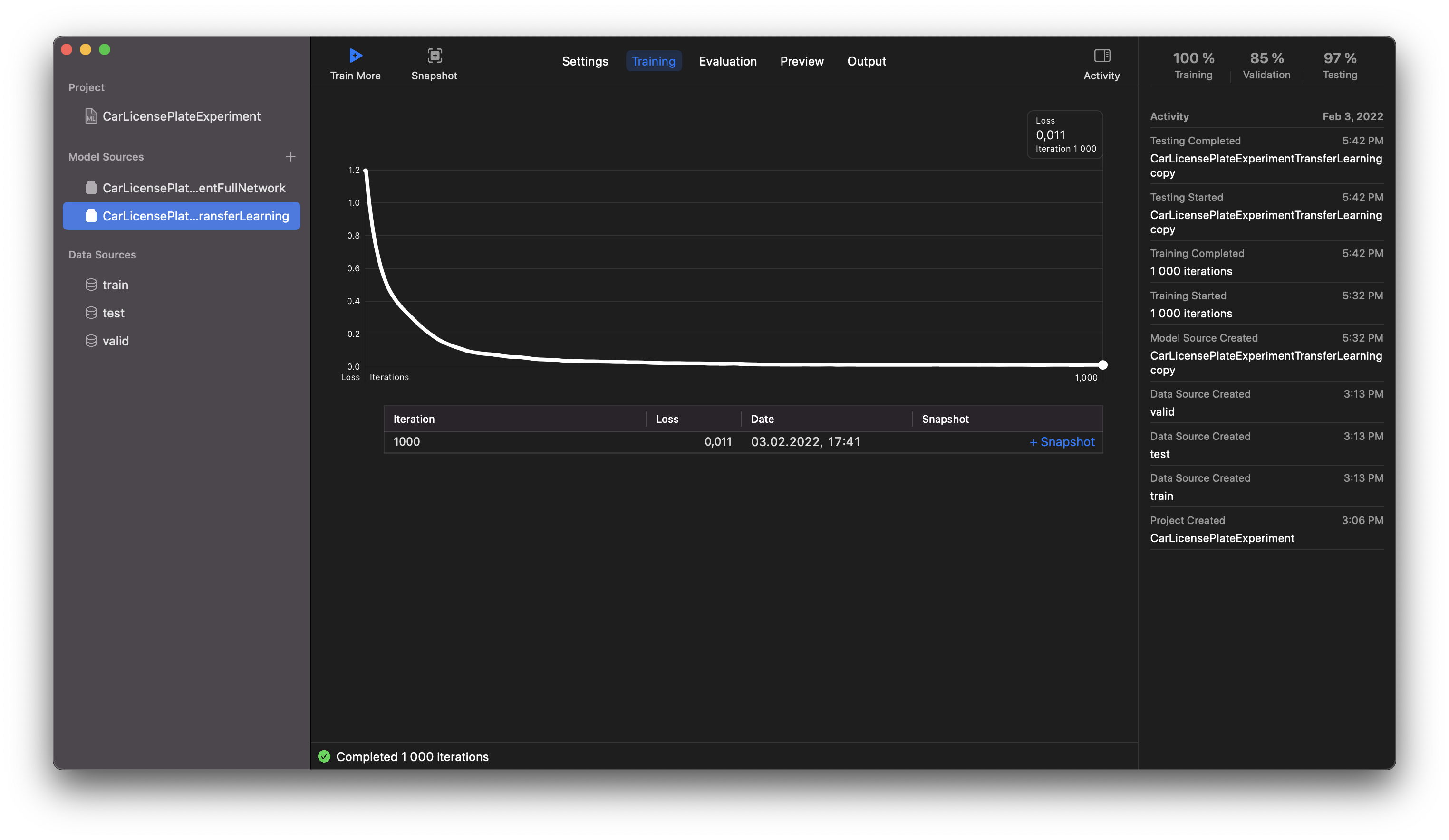 The graph showing the results of the Transfer Learning algorithm is smoother and it also suggests a faster speed and smaller model