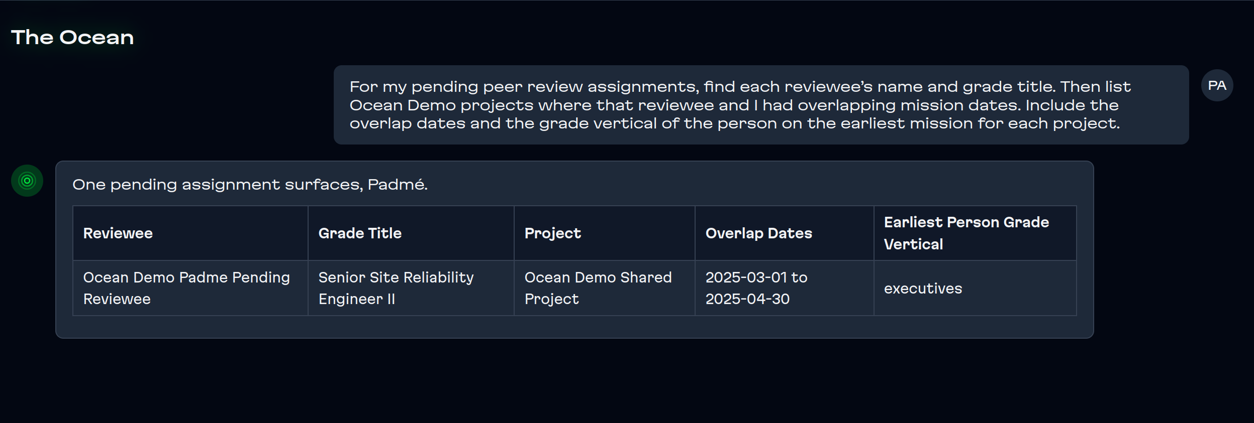 Ocean’s answer combining a policy-visible peer-review assignment with company-visible grade, project, and mission data