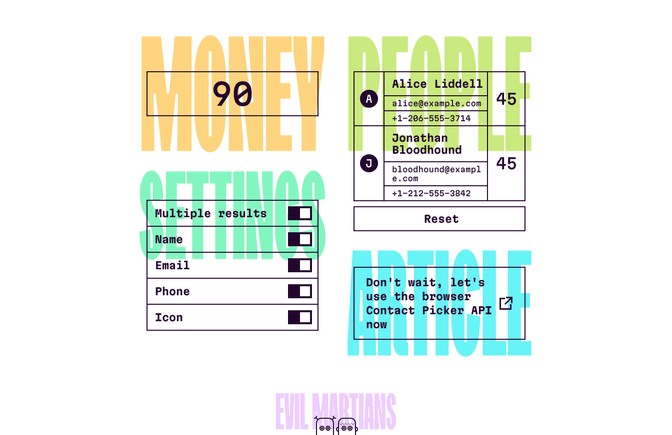 A complete view of the browser Contact Picker API in action. The total number in the Money field has been evenly divded and displayed along with the chosen contacts' info, their names, emails, and phone numbers.