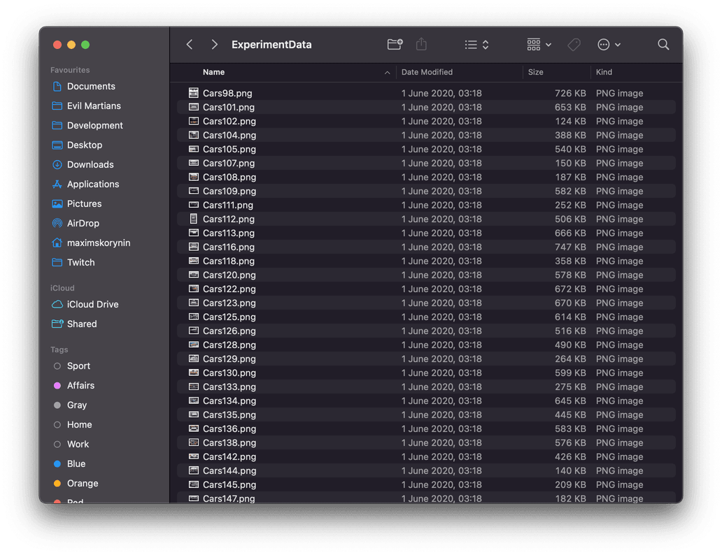 A selection from the 100 images of cars collected in a folder on macOS