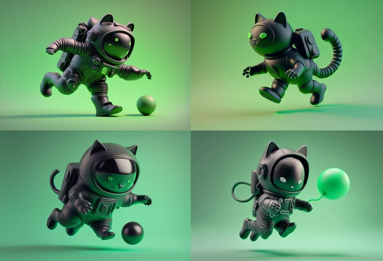 4 sketches of black cat in a spacesuit playing with a ball, looking more dynamic and graceful
