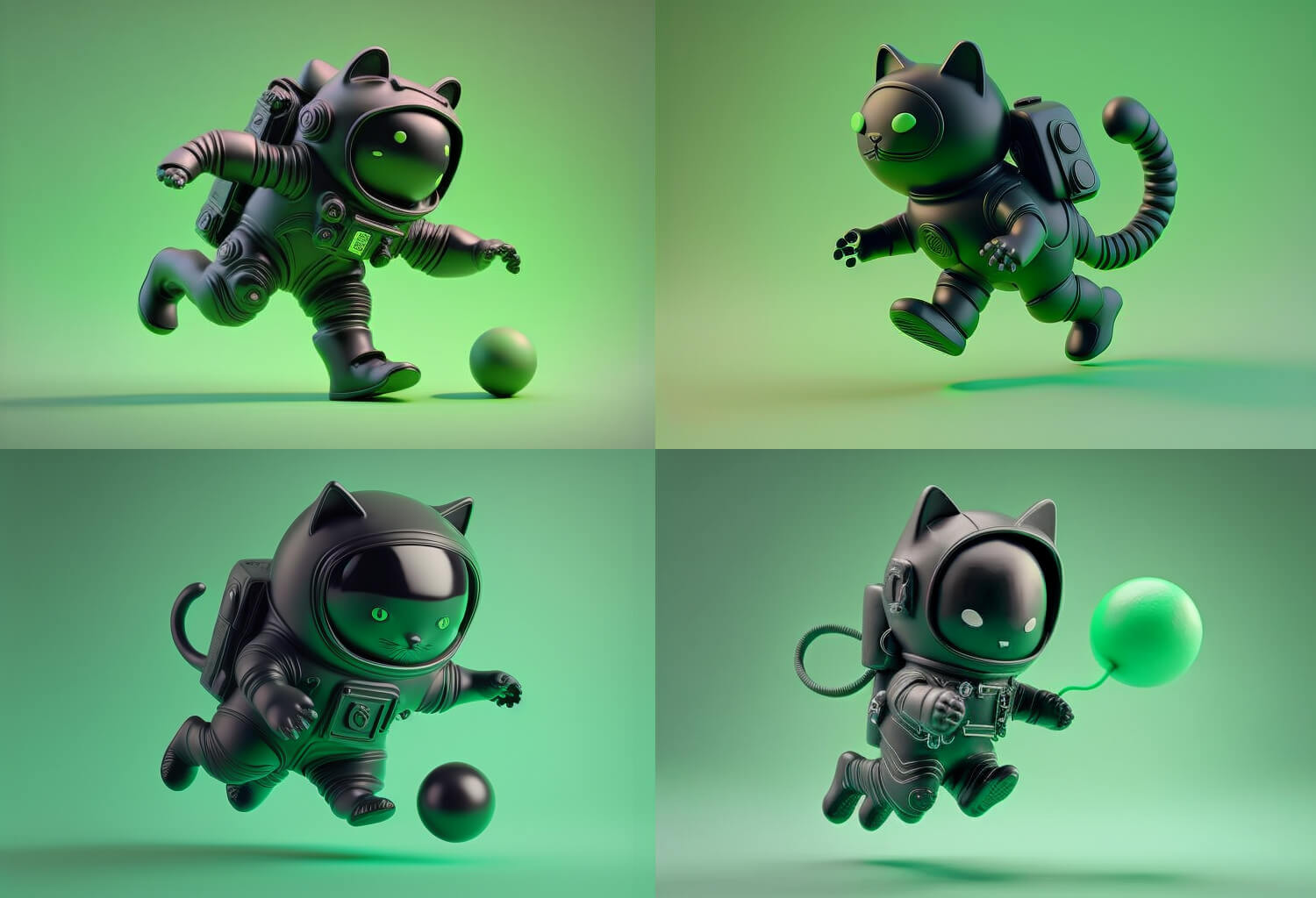 4 sketches of black cat in a spacesuit playing with a ball, looking more dynamic and graceful