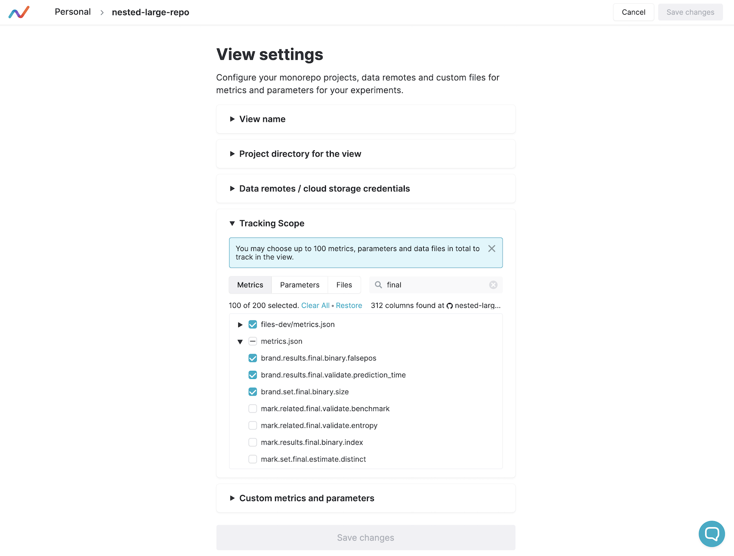 Metrics settings