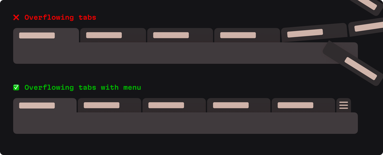 The top example of tabs shows them overflowing wildly. The bottom shows a more orderly way.