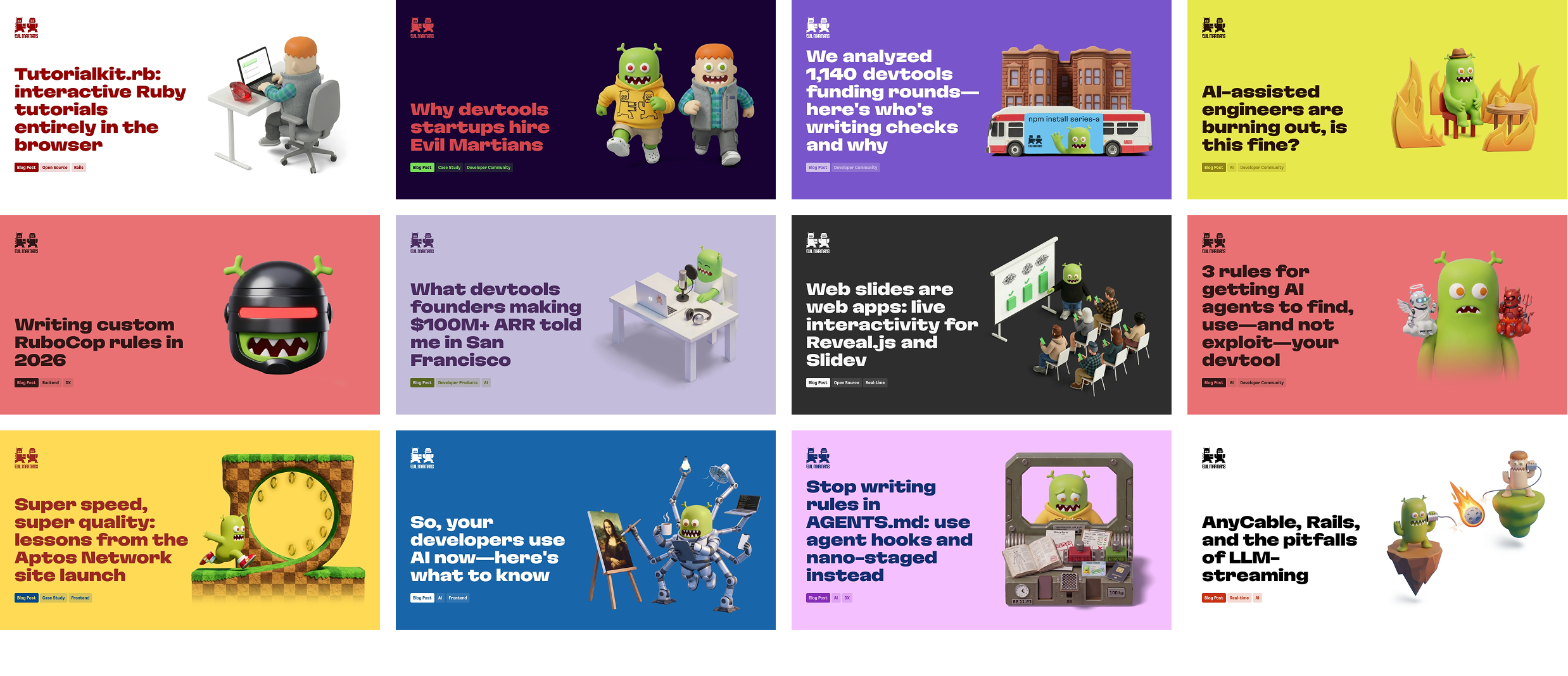 A grid of recent Evil Martians blog cover illustrations, each featuring the 3D-rendered green alien mascot in a different scene against a vivid background color.