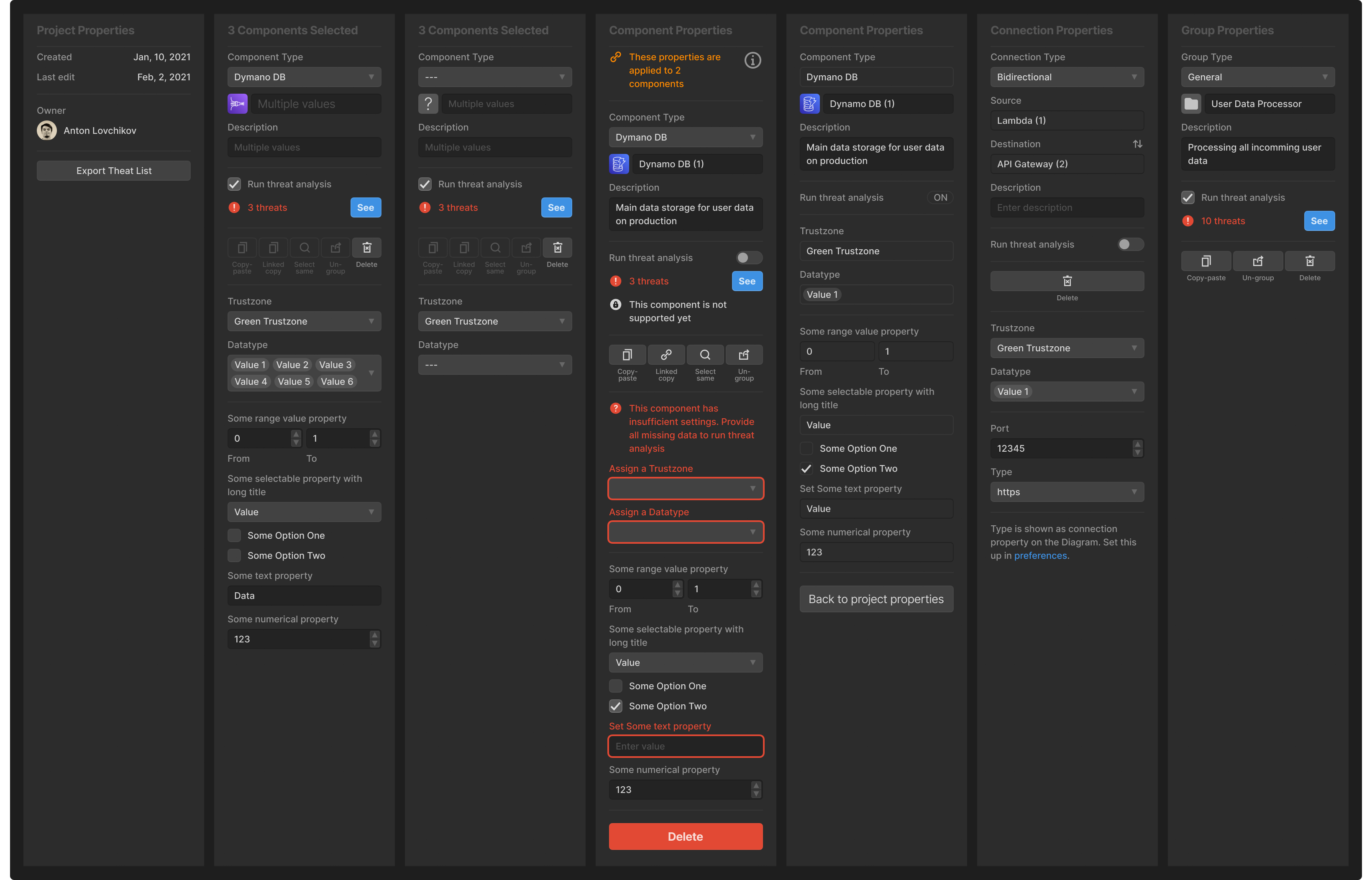 Variations of the Properties panel in the Akeero UI showcase how its content seamlessly adapts to a wide range of user’s tasks