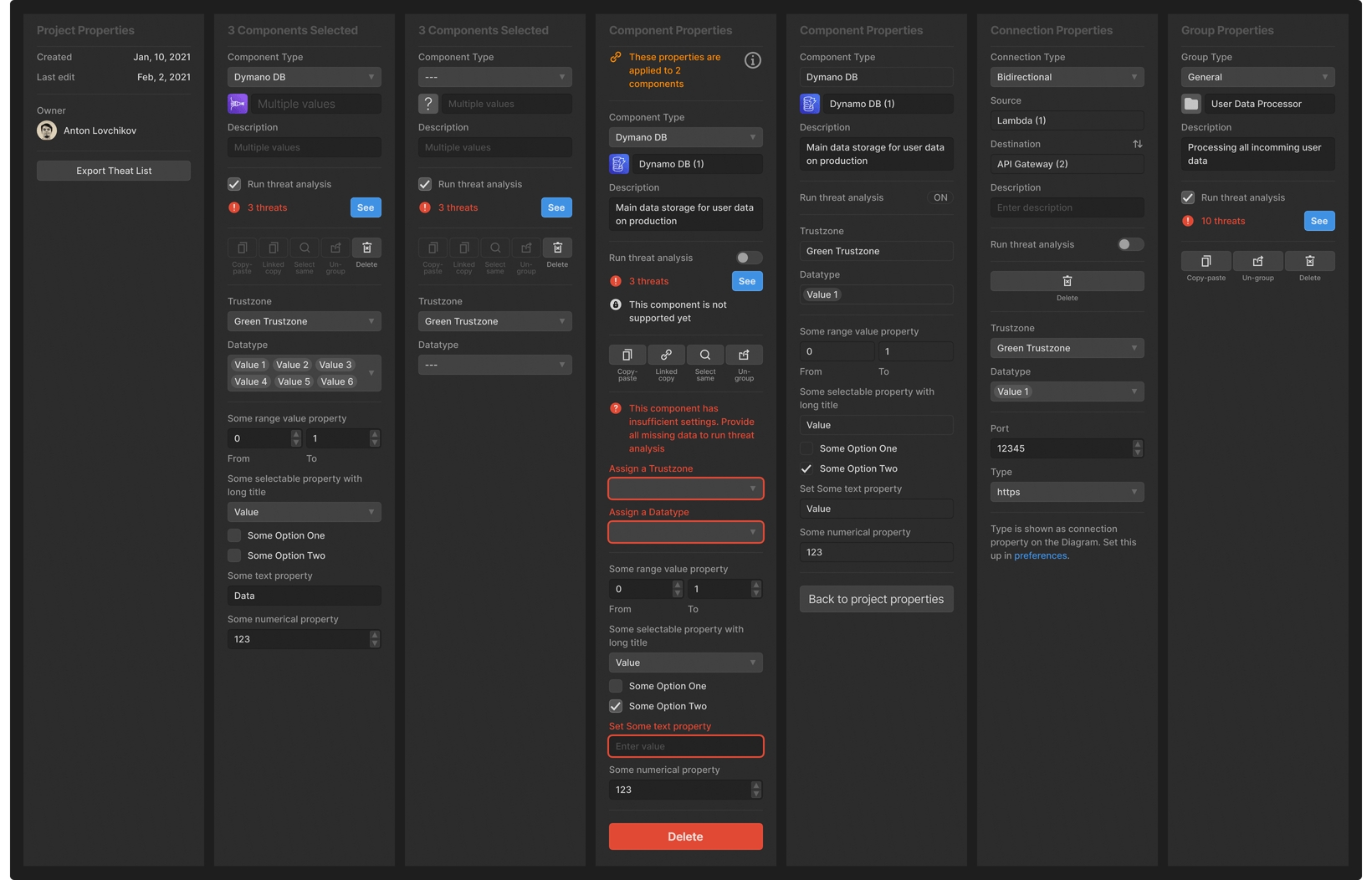 Variations of the Properties panel in the Akeero UI showcase how its content seamlessly adapts to a wide range of user’s tasks