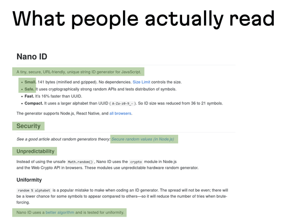 The same text from the previous image is reused, but here, only a few key things, like the first sentence and some headings, are encased in the green boxes. The implication? Readers pick and choose what they read much more selectivley than we might assume.