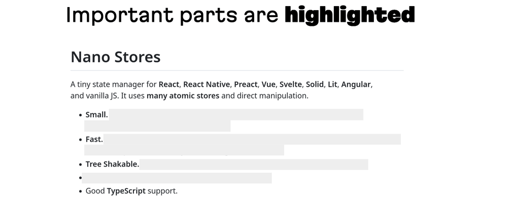 The same image of the Nano Stores README now strips away and blocks out certain bits of text to demonstrate the important information is clearly highlighted. In other words, good organization could cut out some text but still clearly communicate the open source's message.
