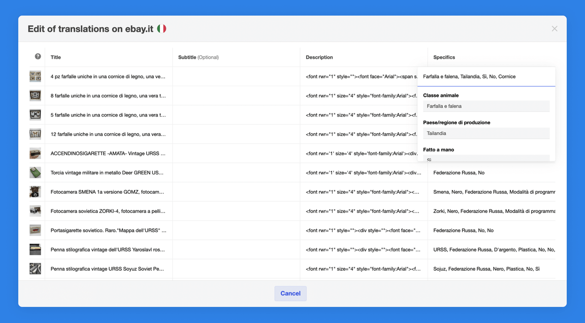 Items titles and specification translation