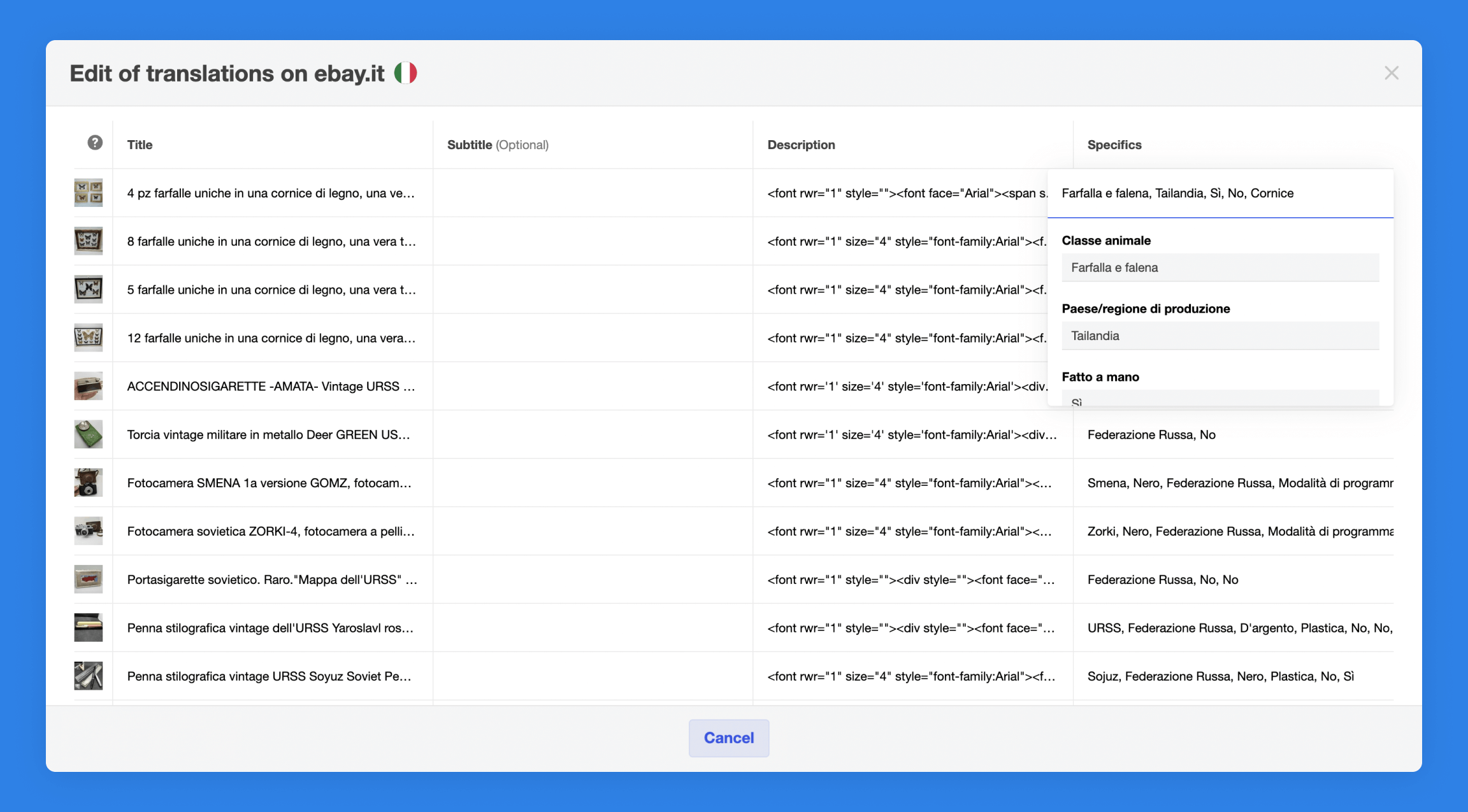 Items titles and specification translation