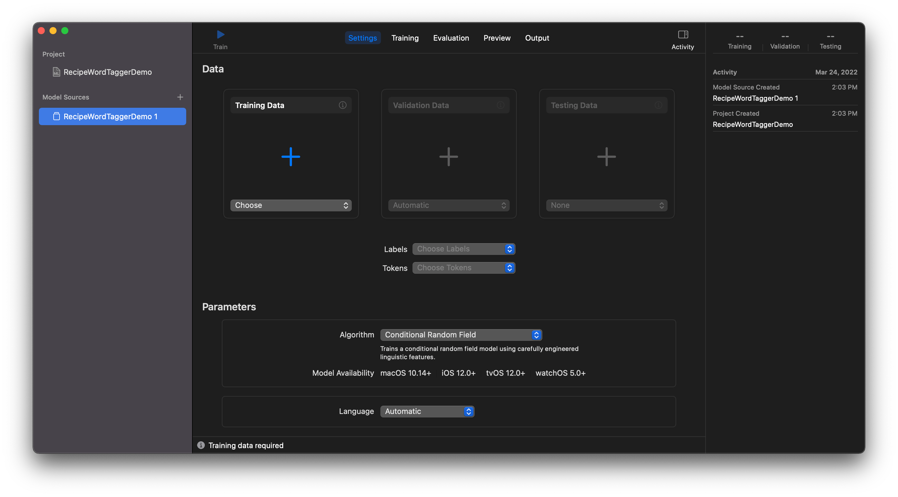 An empty Create ML project interface