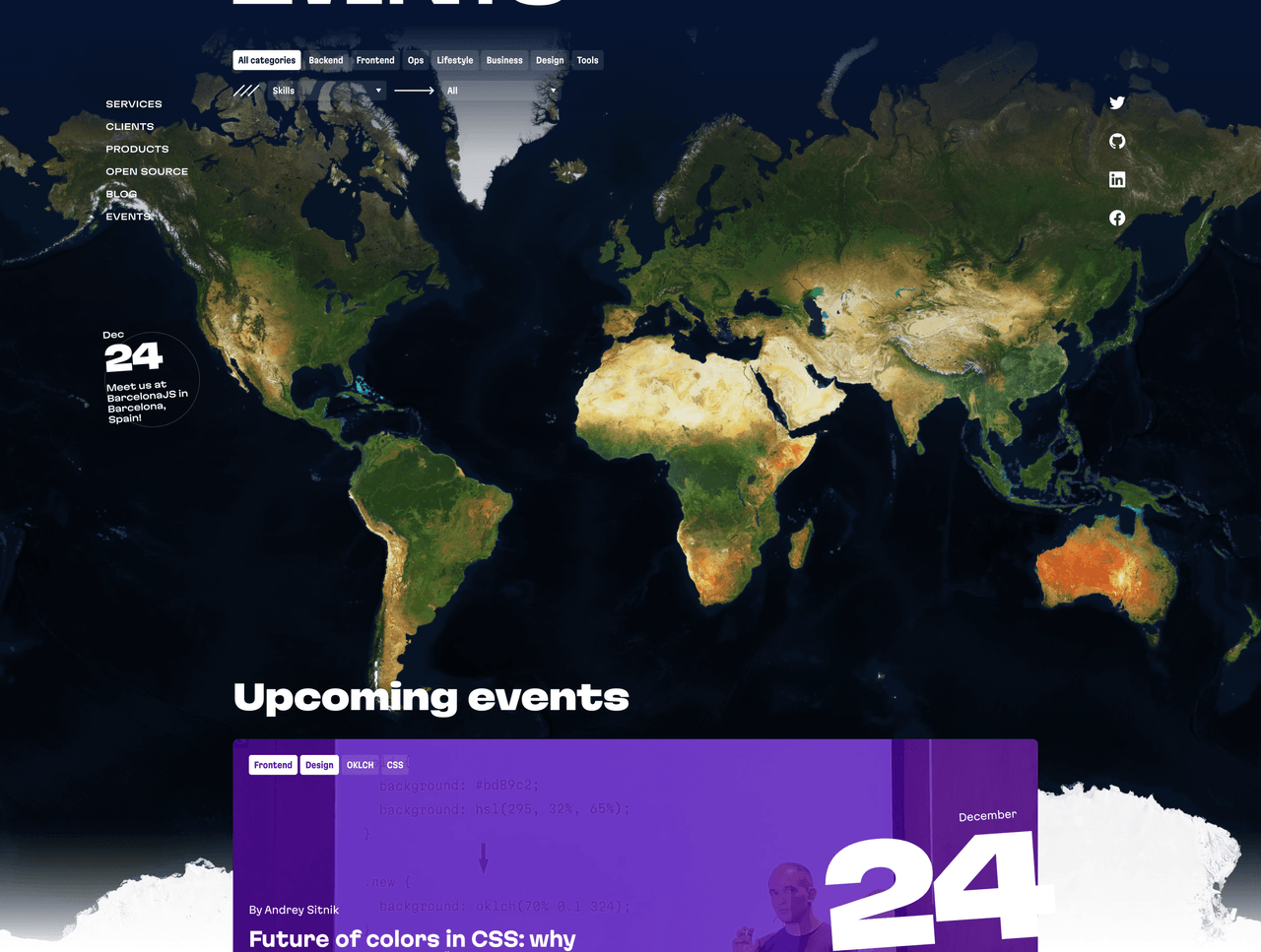 A map on the Evil Martians website events page that is styled with gradients