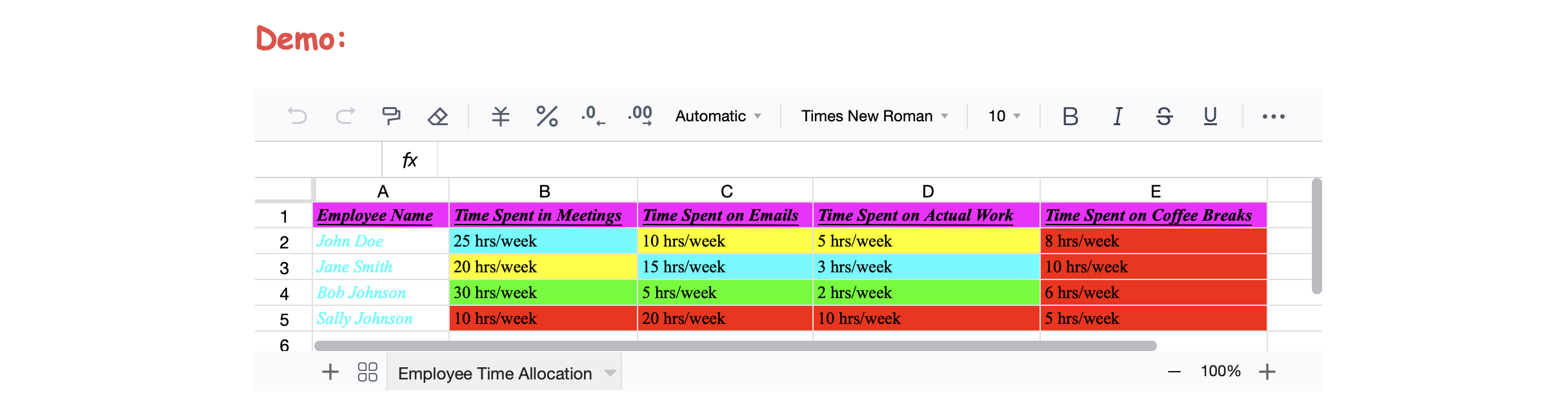 Excel component in action