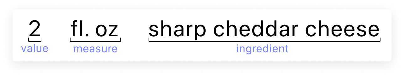 A multi-word ingredient of sharp cheddar cheese, where the words are grouped as one label