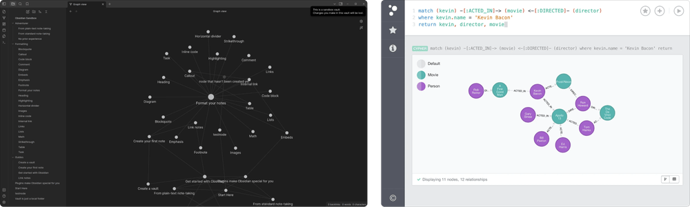 Two examples of forced directed graphs, one with Obsidian, a note taking tool, and the other with Neo4j, a tool that can be used to create graphs.