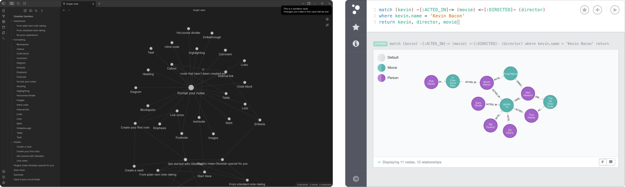 Two examples of forced directed graphs, one with Obsidian, a note taking tool, and the other with Neo4j, a tool that can be used to create graphs.