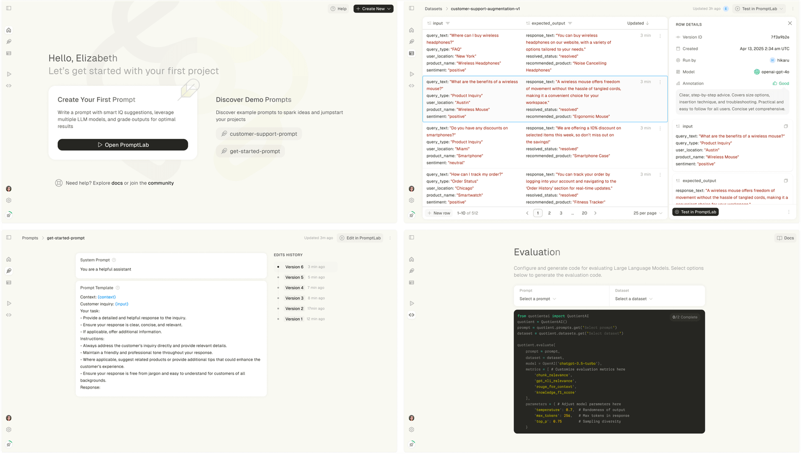 Collage of additional platform screens including dataset, dashboard, and SDK snippets