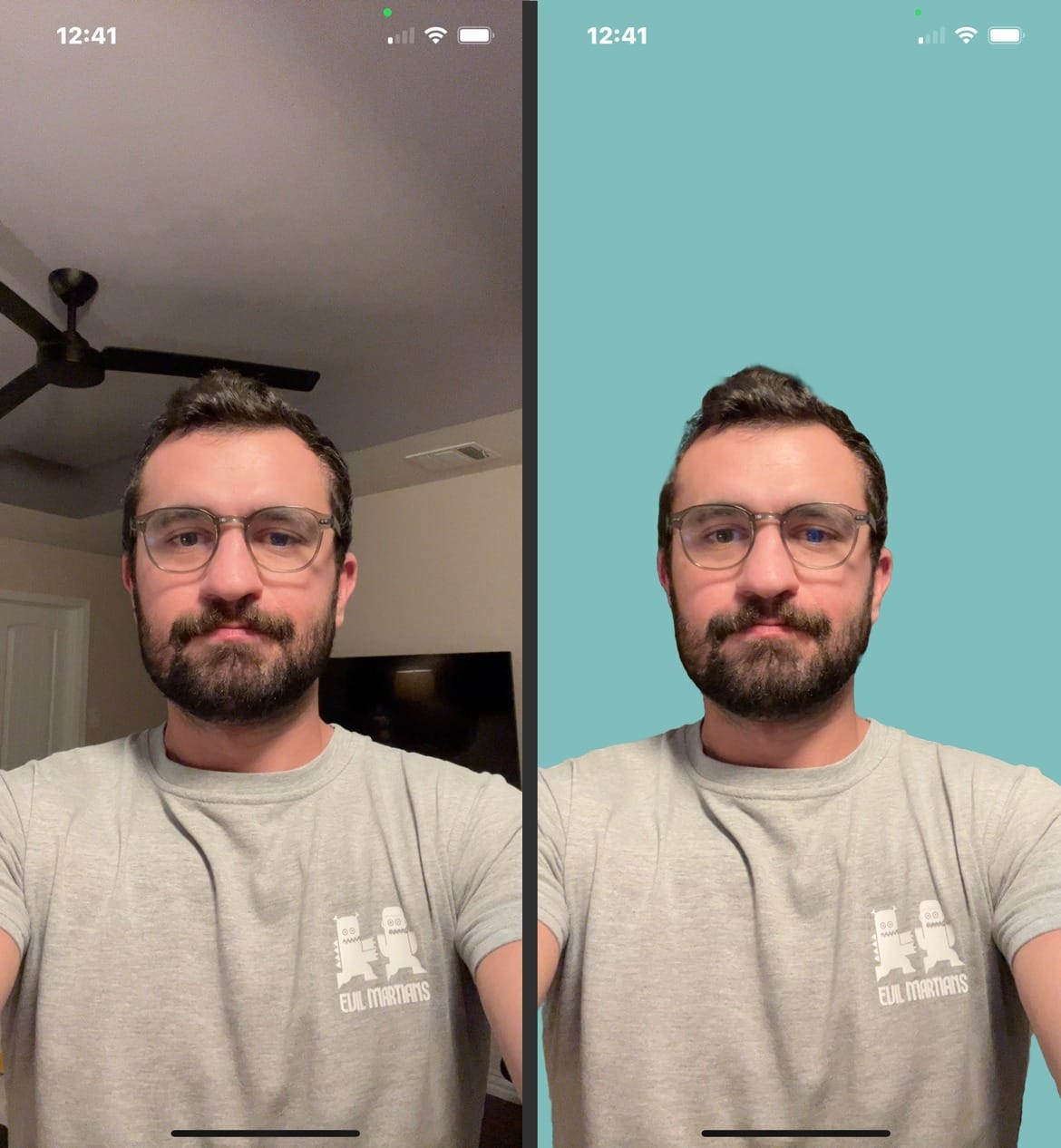 A side-by-side showing how person segmentation is used to completely remove the background behind a man