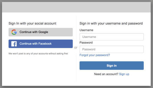 Login screen with multiple sign-in options including corporate ID, social accounts and a traditional username and password form