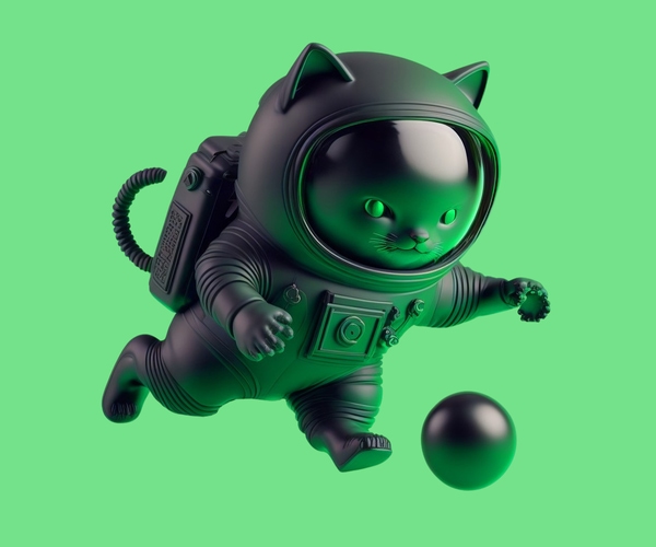 The final render of a jumping cat with a ball on a solid green background