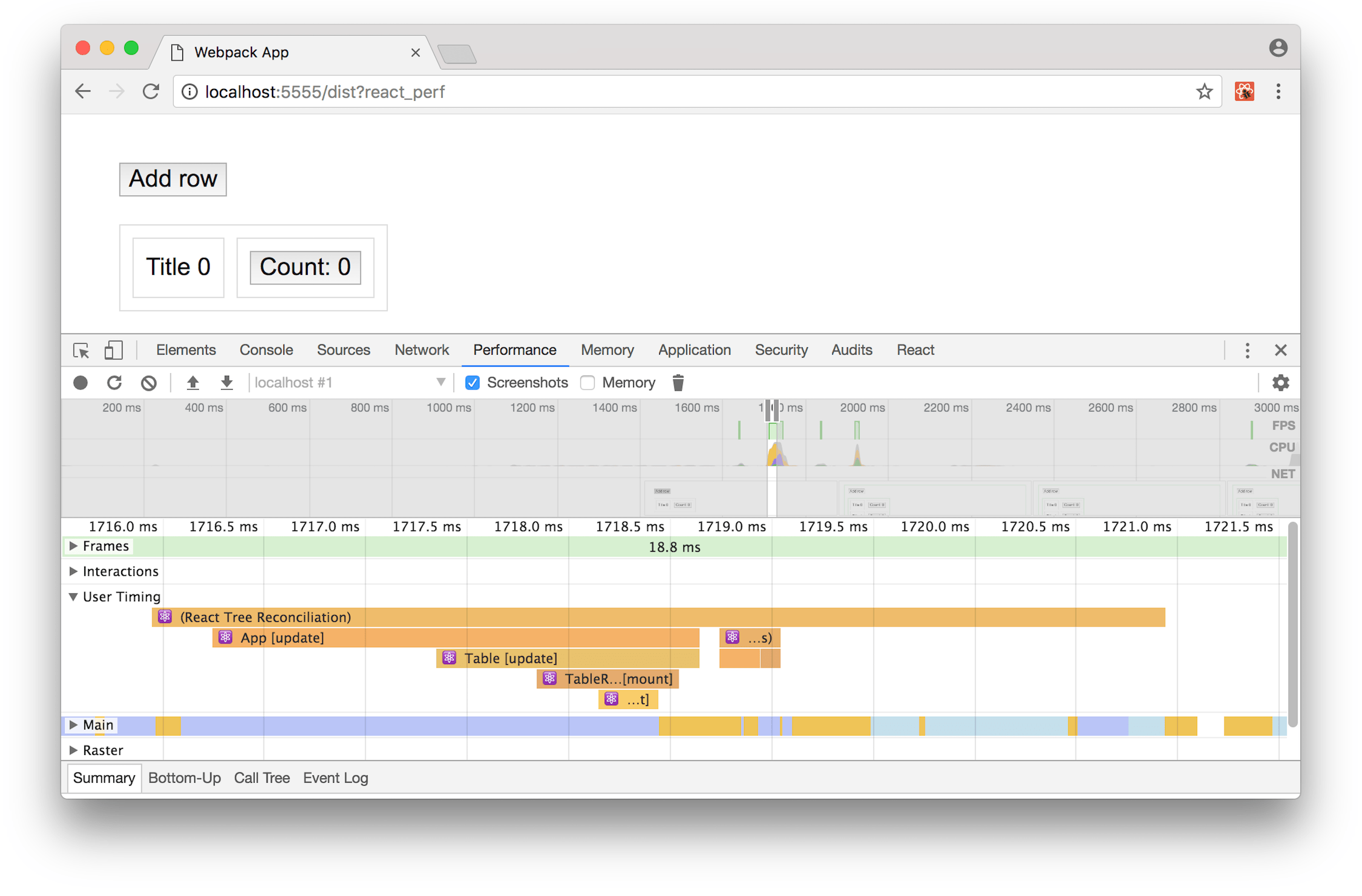 React DevTools' "Performance" tab