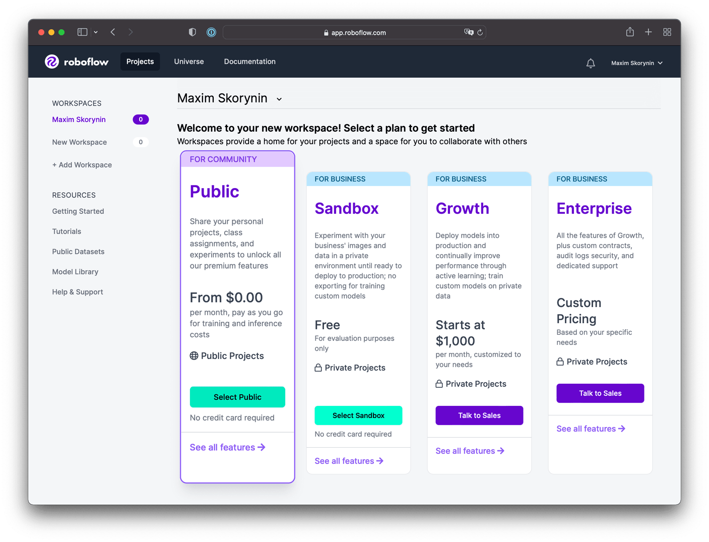 A menu displaying the available Roboflow plans and payment options