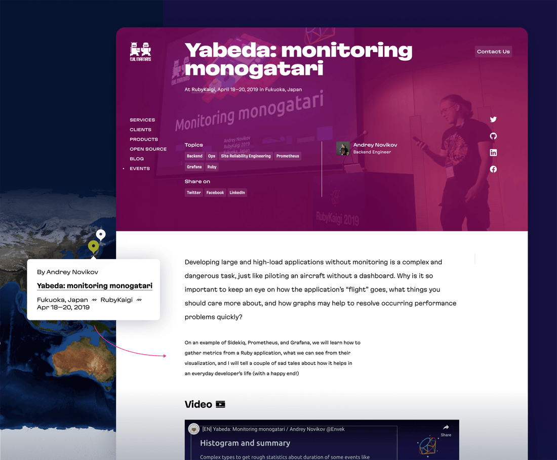 A map with a tooltip and a dedicated page with the full information, videos, and slides